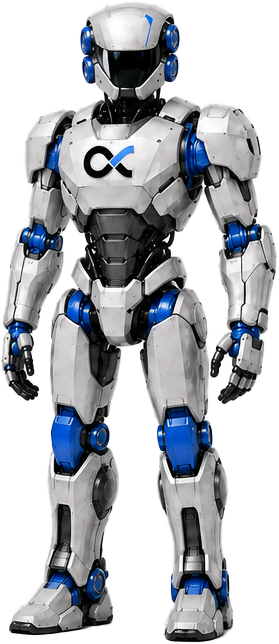 Lexi, a white and blue robot with the Prodlex mark on his chest, standing ready